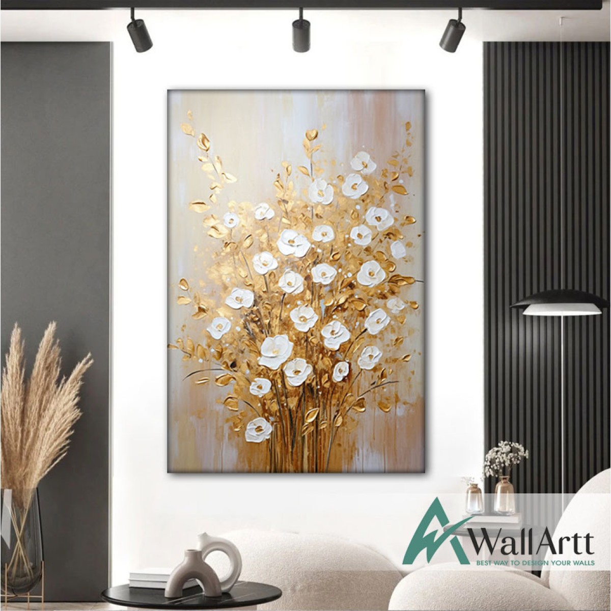 White Flowers with Gold Leaves V 3d Heavy Textured Partial Oil Painting